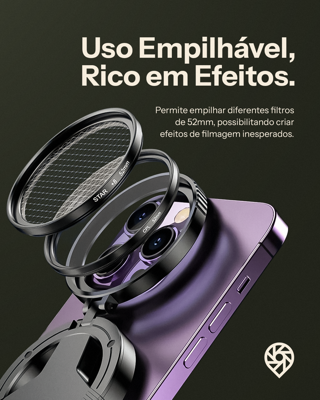 Filtro Polarizador CPL 52mm c/ Suporte Magnético (iPhone 16/15/14 Pro Max/Plus) (Smartphones Android)